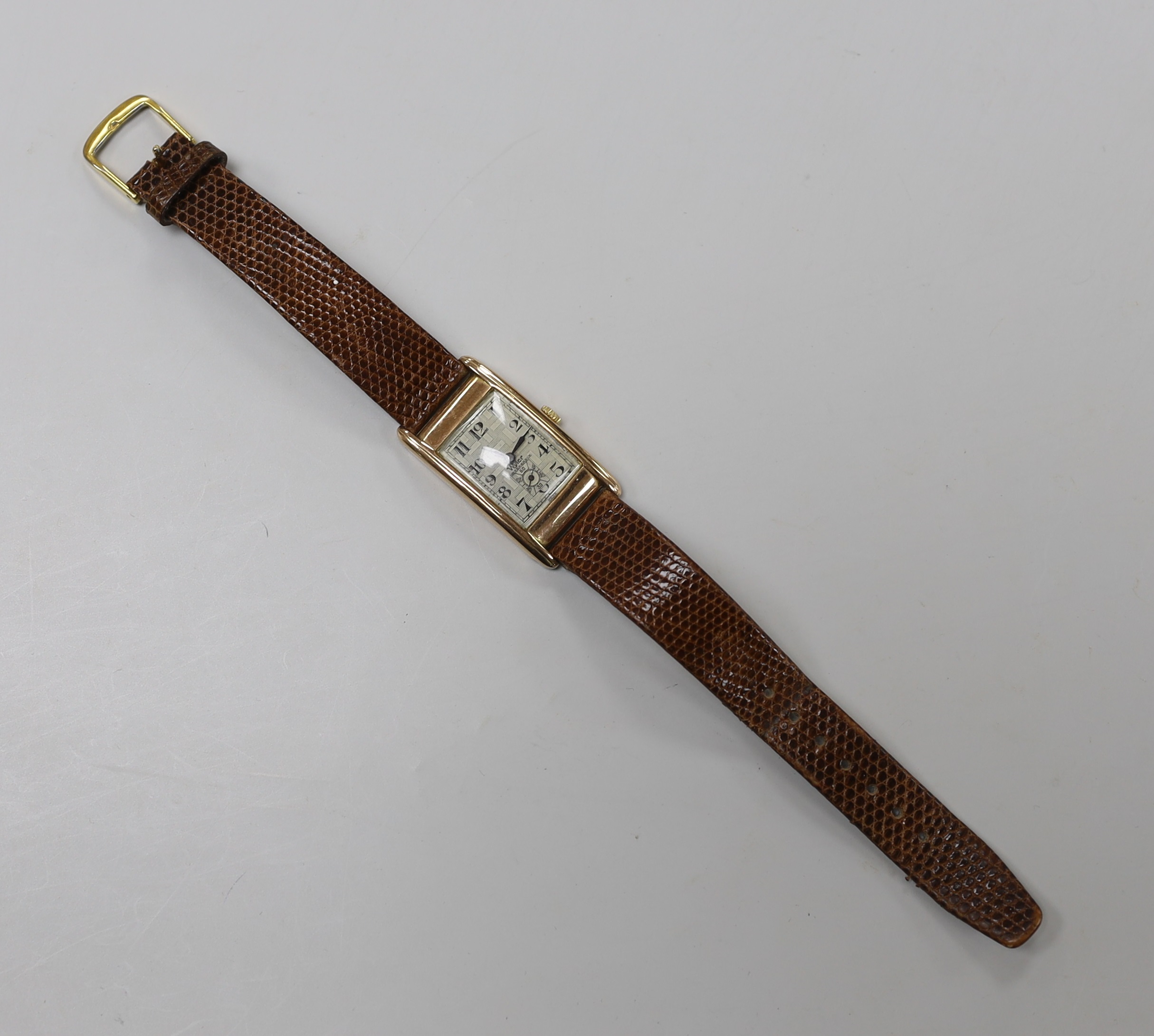 A gentleman's 1930's 9ct gold Wyler rectangular manual wind wrist watch, with Arabic dial and subsidiary seconds, on later lizard strap.